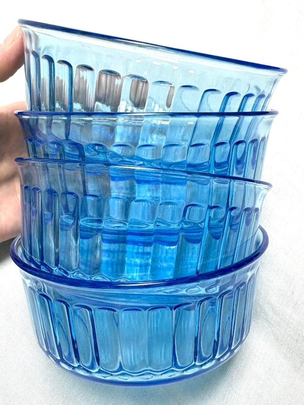 bowls 4 FORTE CRISA Mexico blue ribbed glass 4 ⅞" wide detailed stackable